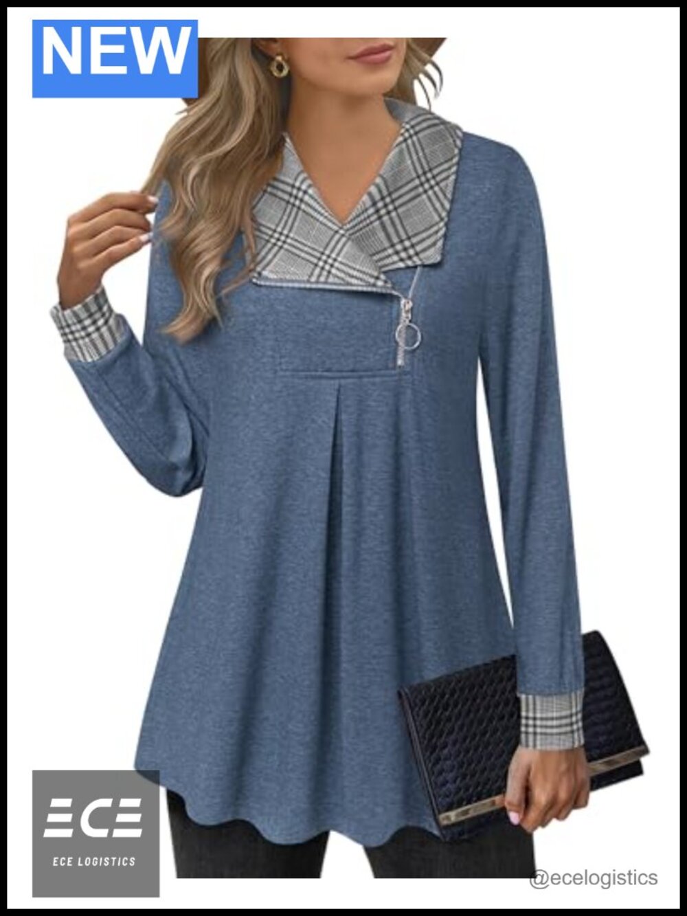 Womens Tunic Sweatshirt Zip Lapel Long Sleeve Pullover Loose Fit A-Line